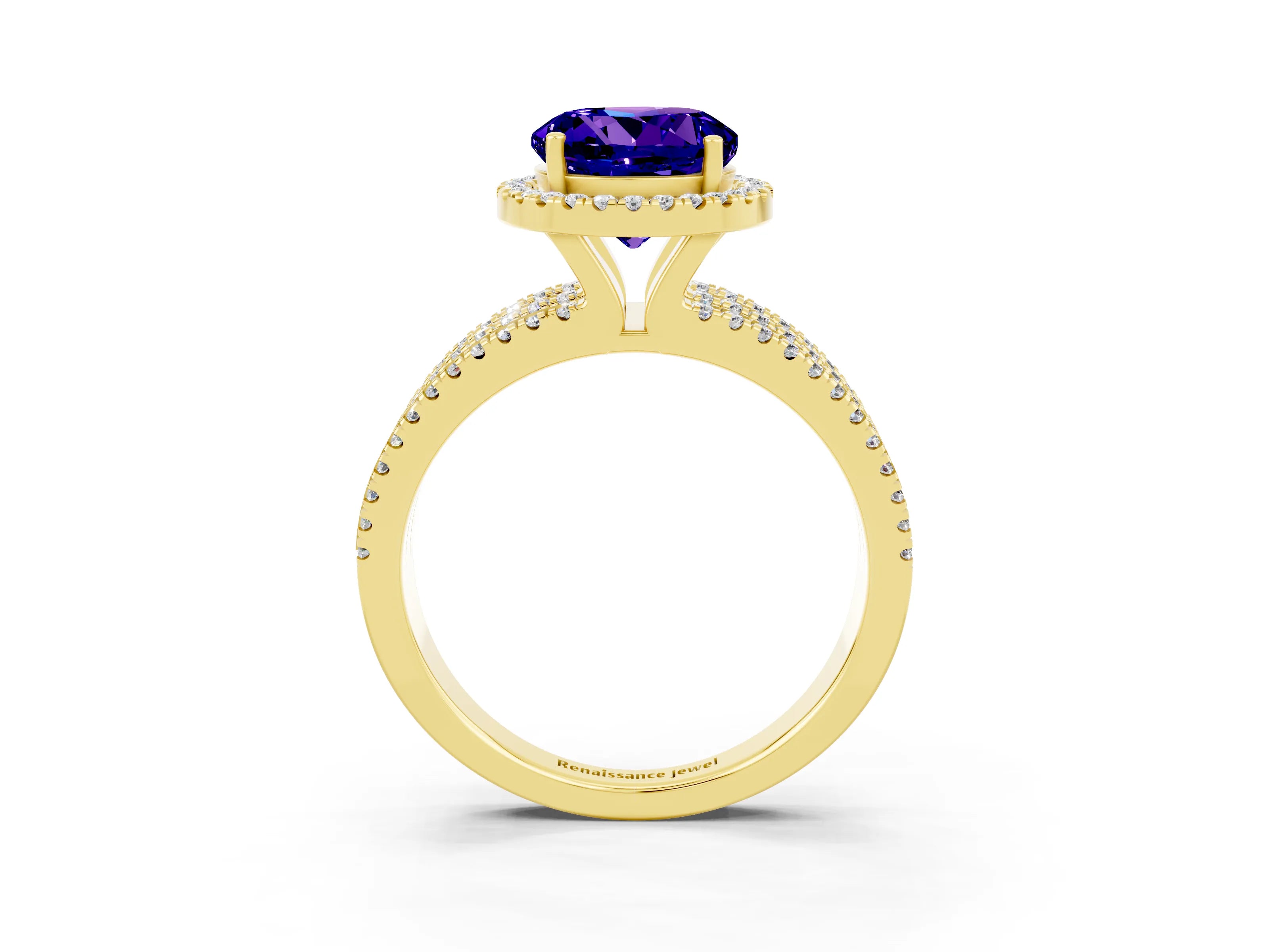 Yellow gold {shape_name} Tanzanite Halo Engagement Ring with Split Shank and Four-Prong Setting_3
