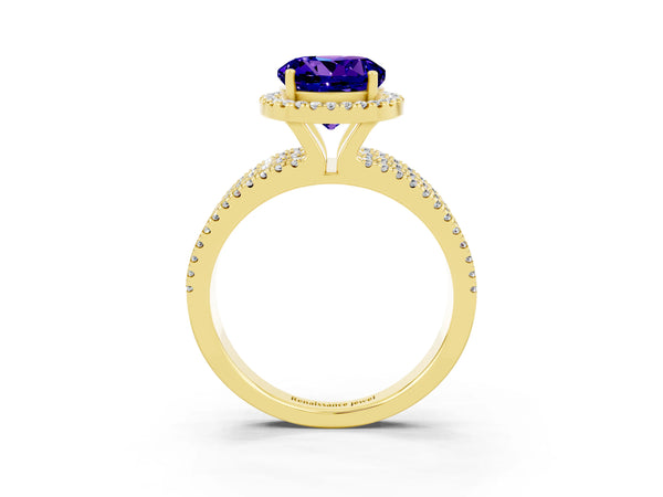Yellow gold Round Cut Tanzanite Halo Engagement Ring with Split Shank and Four-Prong Setting