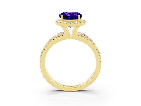 Yellow gold {shape_name} Tanzanite Halo Engagement Ring with Split Shank and Four-Prong Setting_3