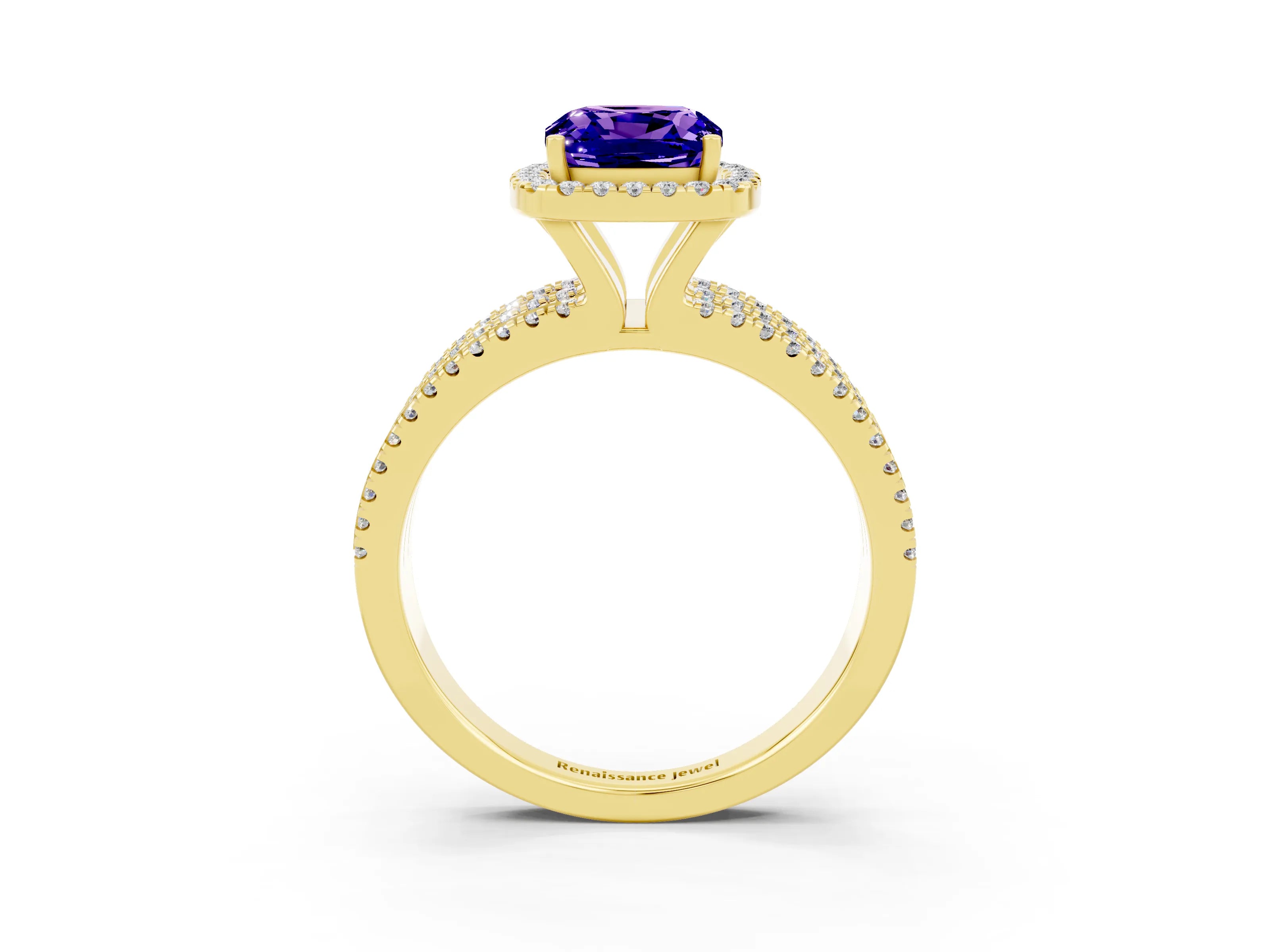 Yellow gold {shape_name} Tanzanite Halo Engagement Ring with Split Shank and Four-Prong Setting_3
