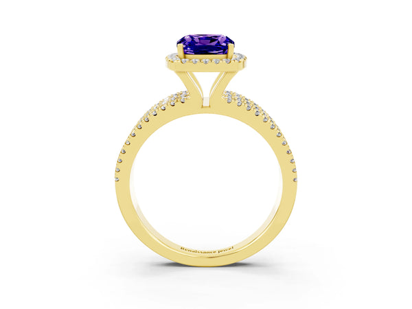 Yellow gold Cushion Cut Tanzanite Halo Engagement Ring with Split Shank and Four-Prong Setting
