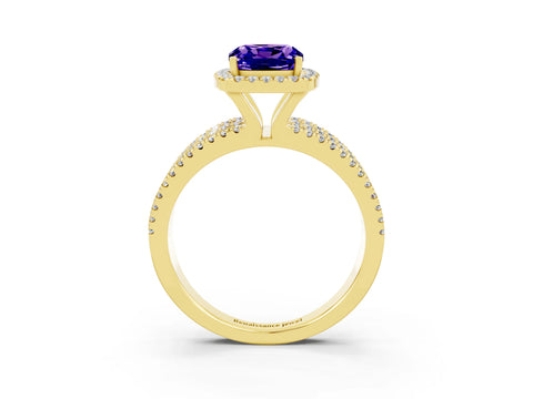 Yellow gold {shape_name} Tanzanite Halo Engagement Ring with Split Shank and Four-Prong Setting_3