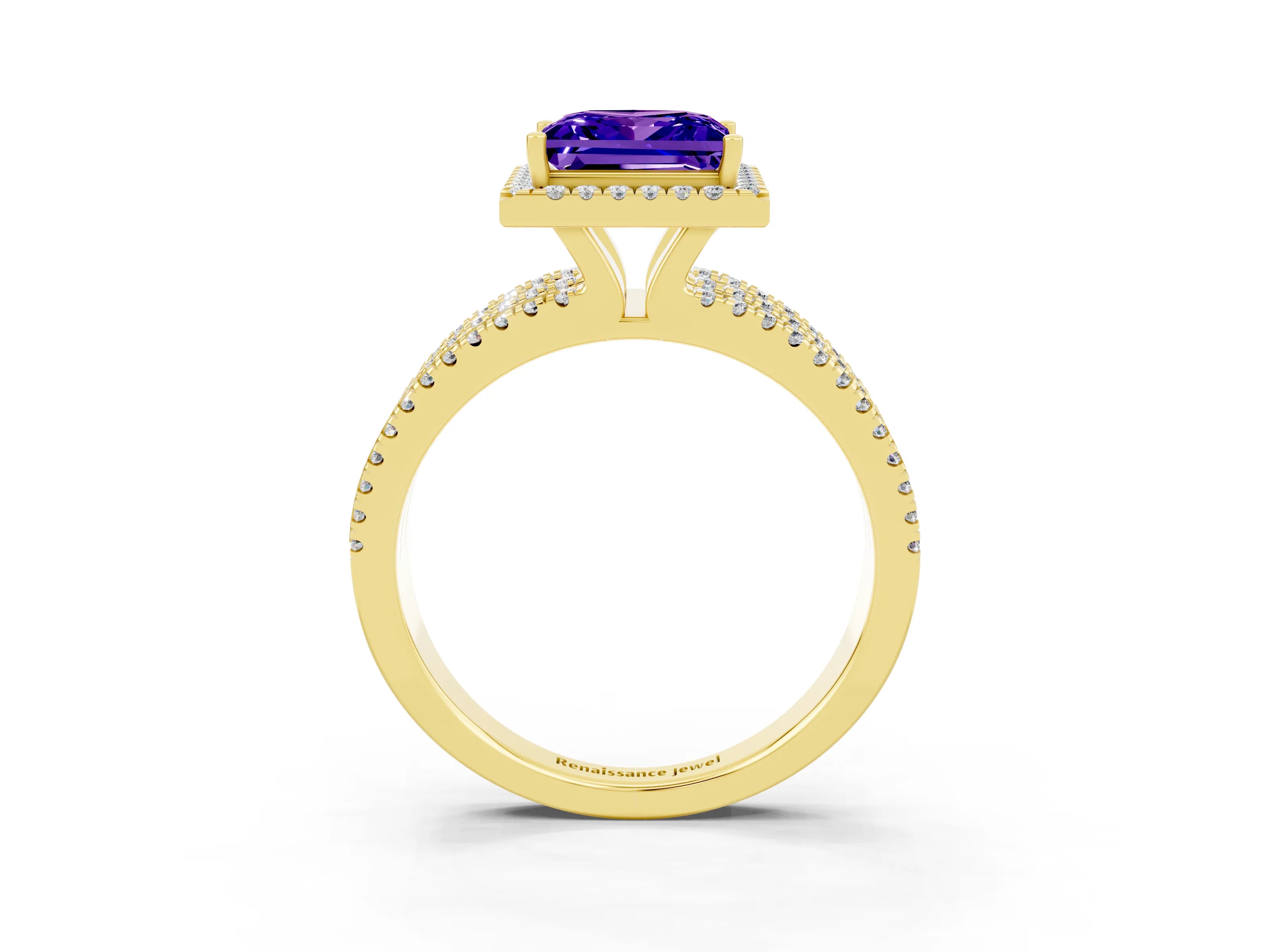 Yellow gold {shape_name} Tanzanite Halo Engagement Ring with Split Shank and Four-Prong Setting_3