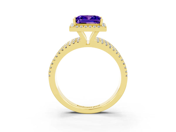Yellow gold Princess Cut Tanzanite Halo Engagement Ring with Split Shank and Four-Prong Setting