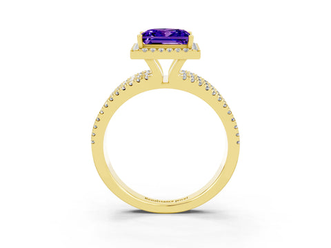 Yellow gold {shape_name} Tanzanite Halo Engagement Ring with Split Shank and Four-Prong Setting_3