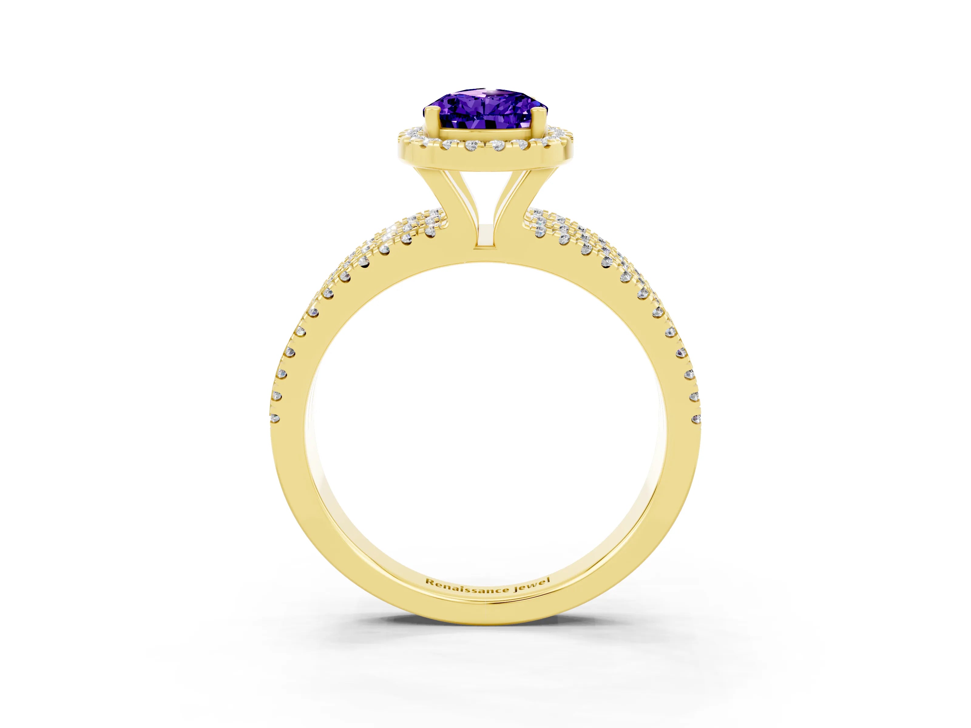 Yellow gold {shape_name} Tanzanite Halo Engagement Ring with Split Shank and Four-Prong Setting_3