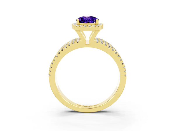 Yellow gold Pear Cut Tanzanite Halo Engagement Ring with Split Shank and Four-Prong Setting