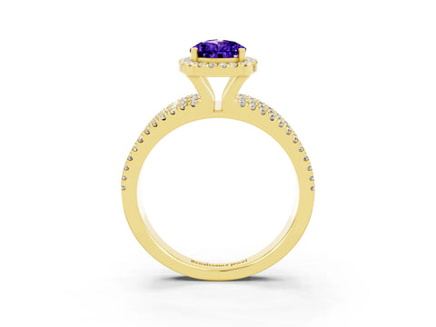 Yellow gold {shape_name} Tanzanite Halo Engagement Ring with Split Shank and Four-Prong Setting_3
