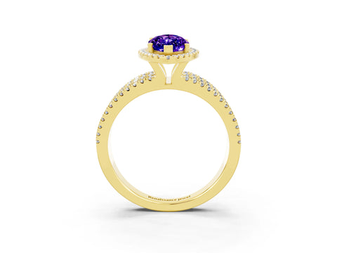 Yellow gold {shape_name} Tanzanite Halo Engagement Ring with Split Shank and Four-Prong Setting_3