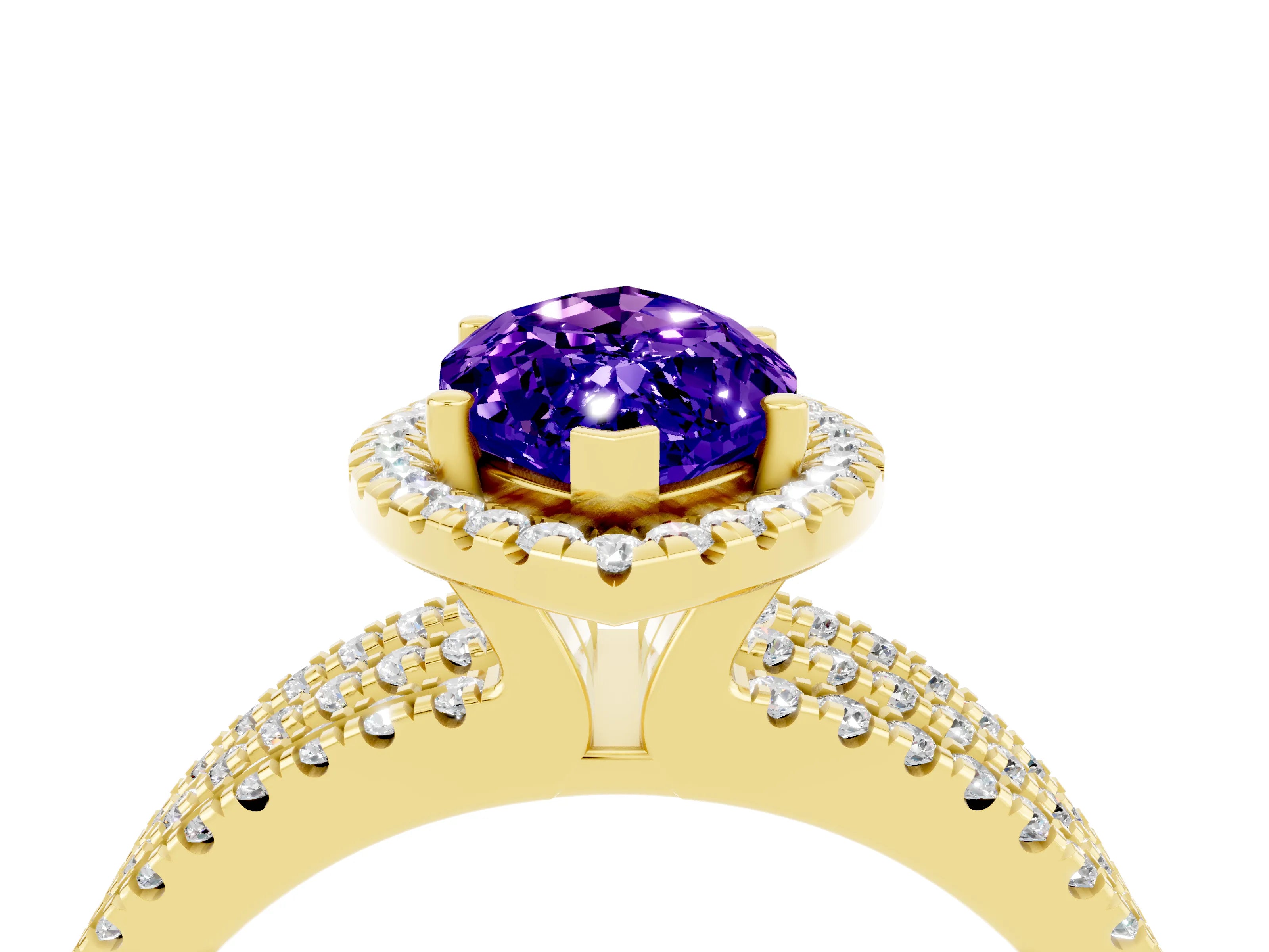 Yellow gold {shape_name} Tanzanite Halo Engagement Ring with Split Shank and Four-Prong Setting_4
