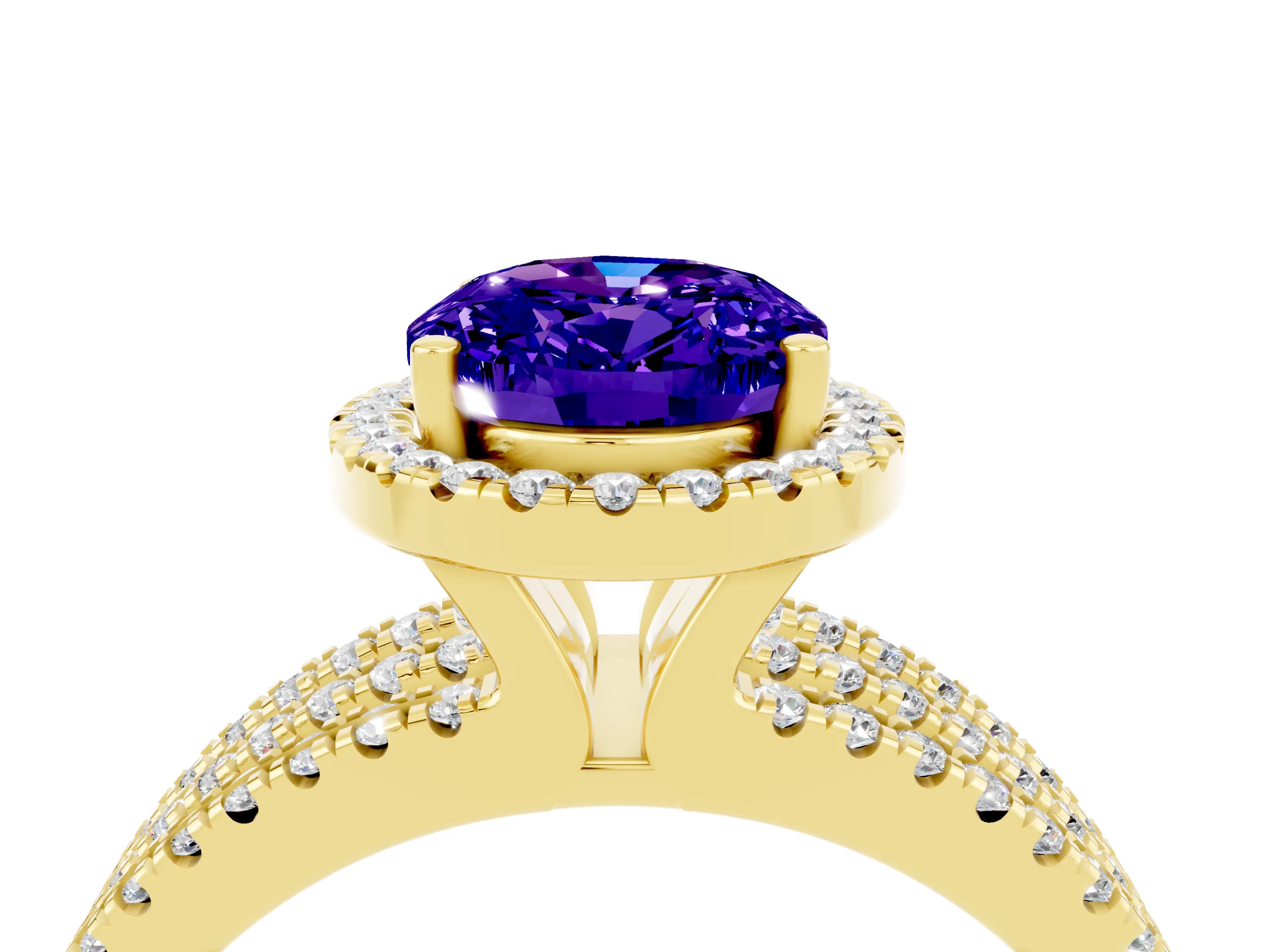 Yellow gold {shape_name} Tanzanite Halo Engagement Ring with Split Shank and Four-Prong Setting_4