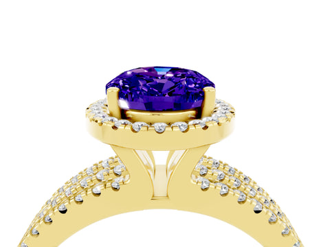 Yellow gold {shape_name} Tanzanite Halo Engagement Ring with Split Shank and Four-Prong Setting_4