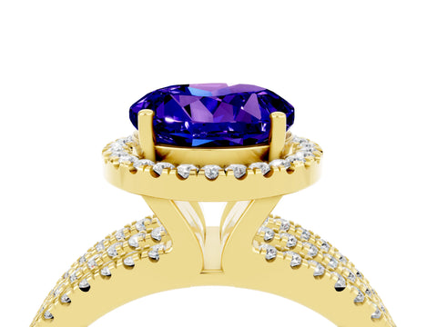 Yellow gold {shape_name} Tanzanite Halo Engagement Ring with Split Shank and Four-Prong Setting_4