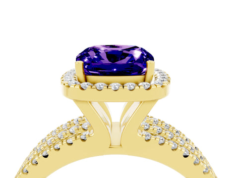 Yellow gold {shape_name} Tanzanite Halo Engagement Ring with Split Shank and Four-Prong Setting_4