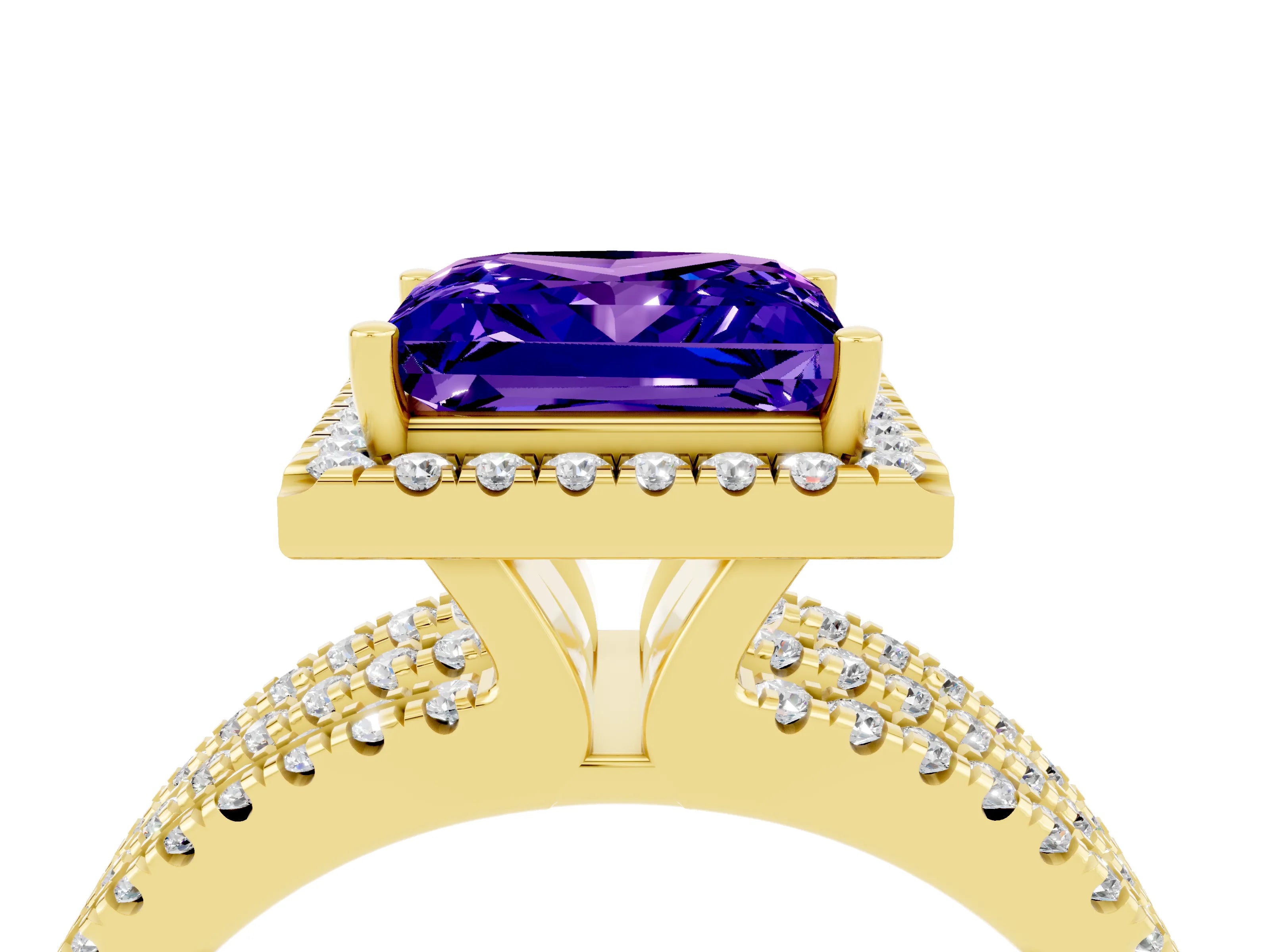 Yellow gold {shape_name} Tanzanite Halo Engagement Ring with Split Shank and Four-Prong Setting_4