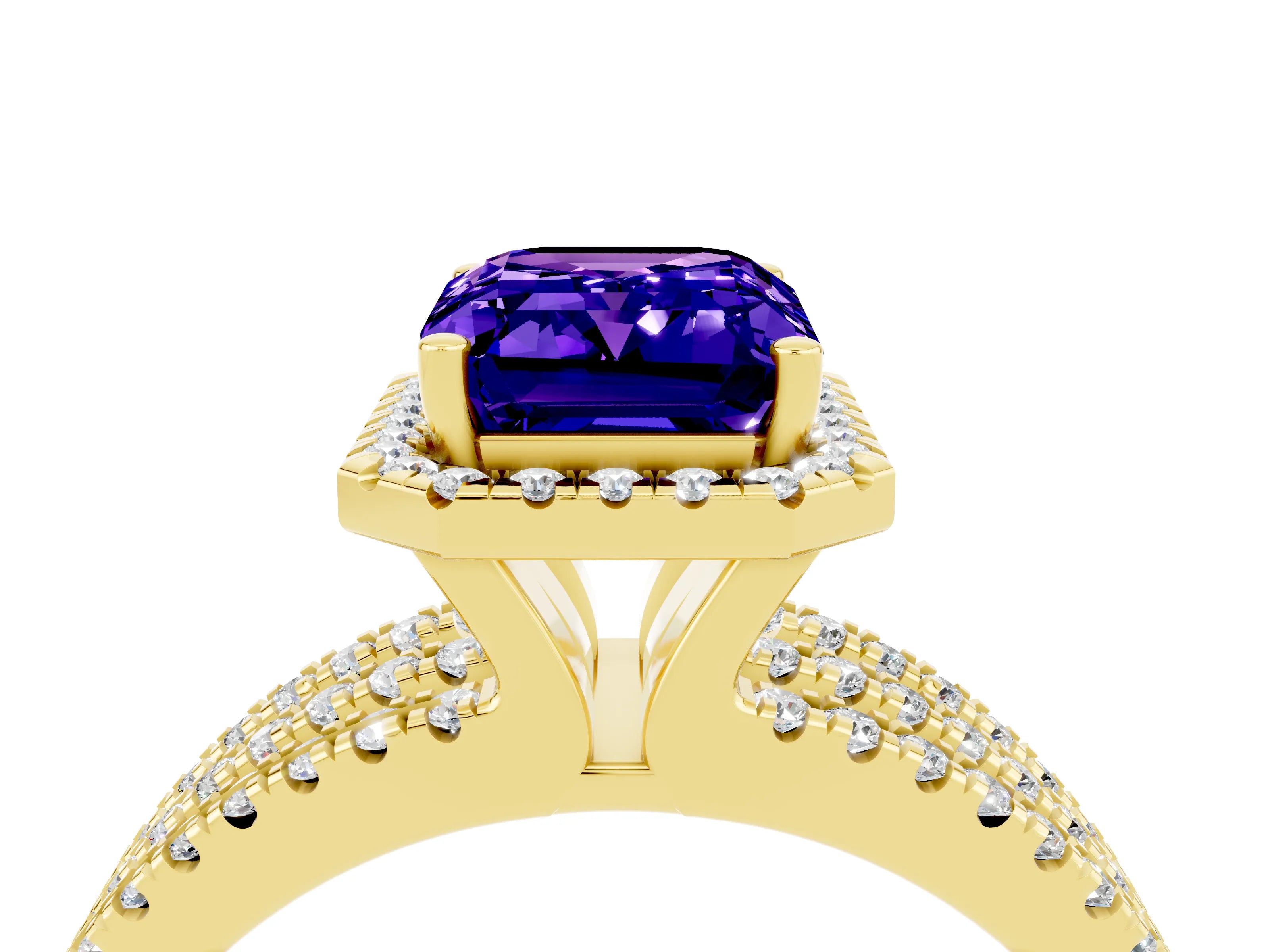 Yellow gold {shape_name} Tanzanite Halo Engagement Ring with Split Shank and Four-Prong Setting_4