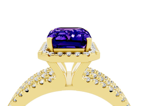 Yellow gold {shape_name} Tanzanite Halo Engagement Ring with Split Shank and Four-Prong Setting_4