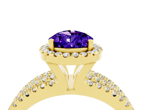 Yellow gold {shape_name} Tanzanite Halo Engagement Ring with Split Shank and Four-Prong Setting_4
