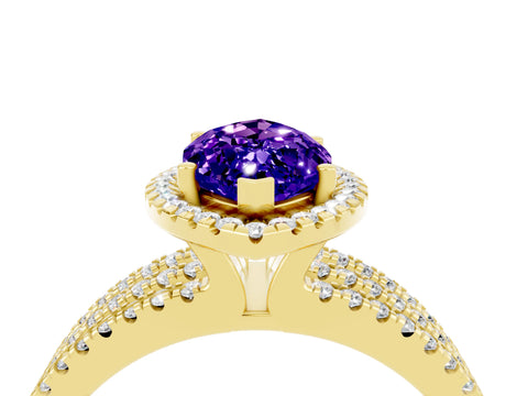 Yellow gold {shape_name} Tanzanite Halo Engagement Ring with Split Shank and Four-Prong Setting_4
