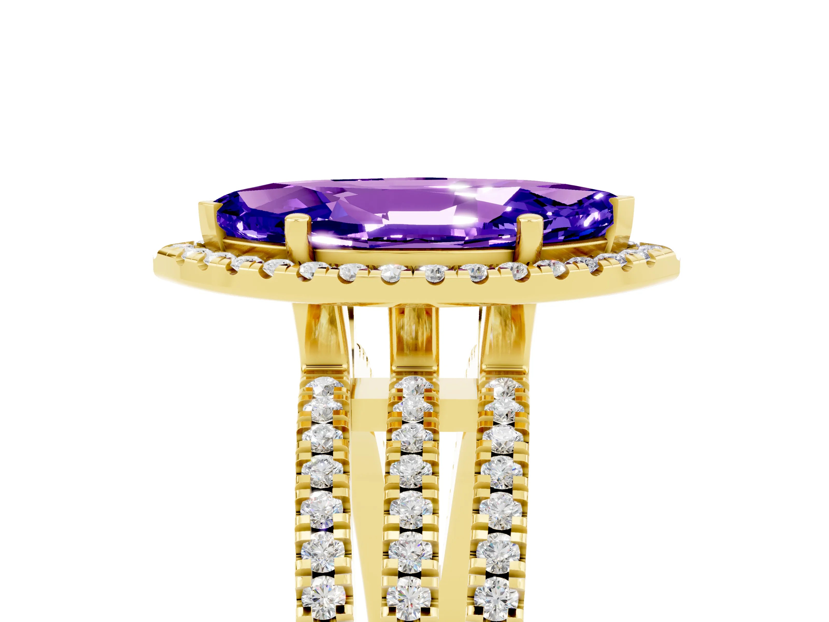 Yellow gold {shape_name} Tanzanite Halo Engagement Ring with Split Shank and Four-Prong Setting_5