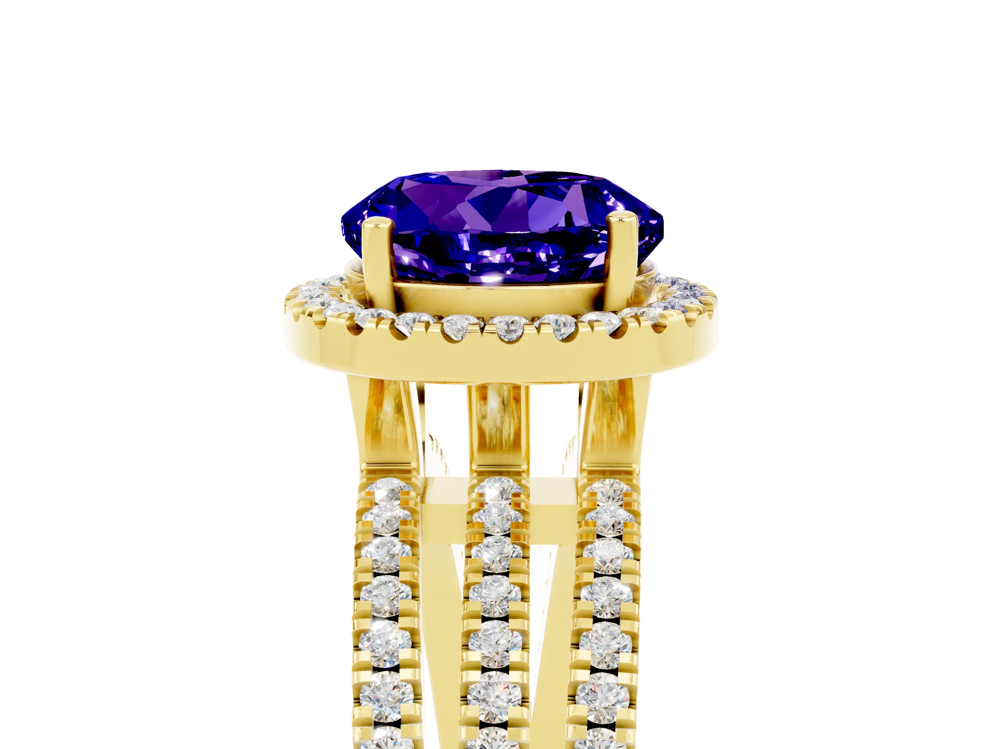 Yellow gold {shape_name} Tanzanite Halo Engagement Ring with Split Shank and Four-Prong Setting_5