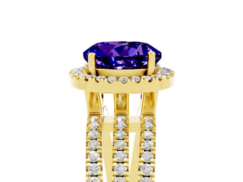 Yellow gold {shape_name} Tanzanite Halo Engagement Ring with Split Shank and Four-Prong Setting_5