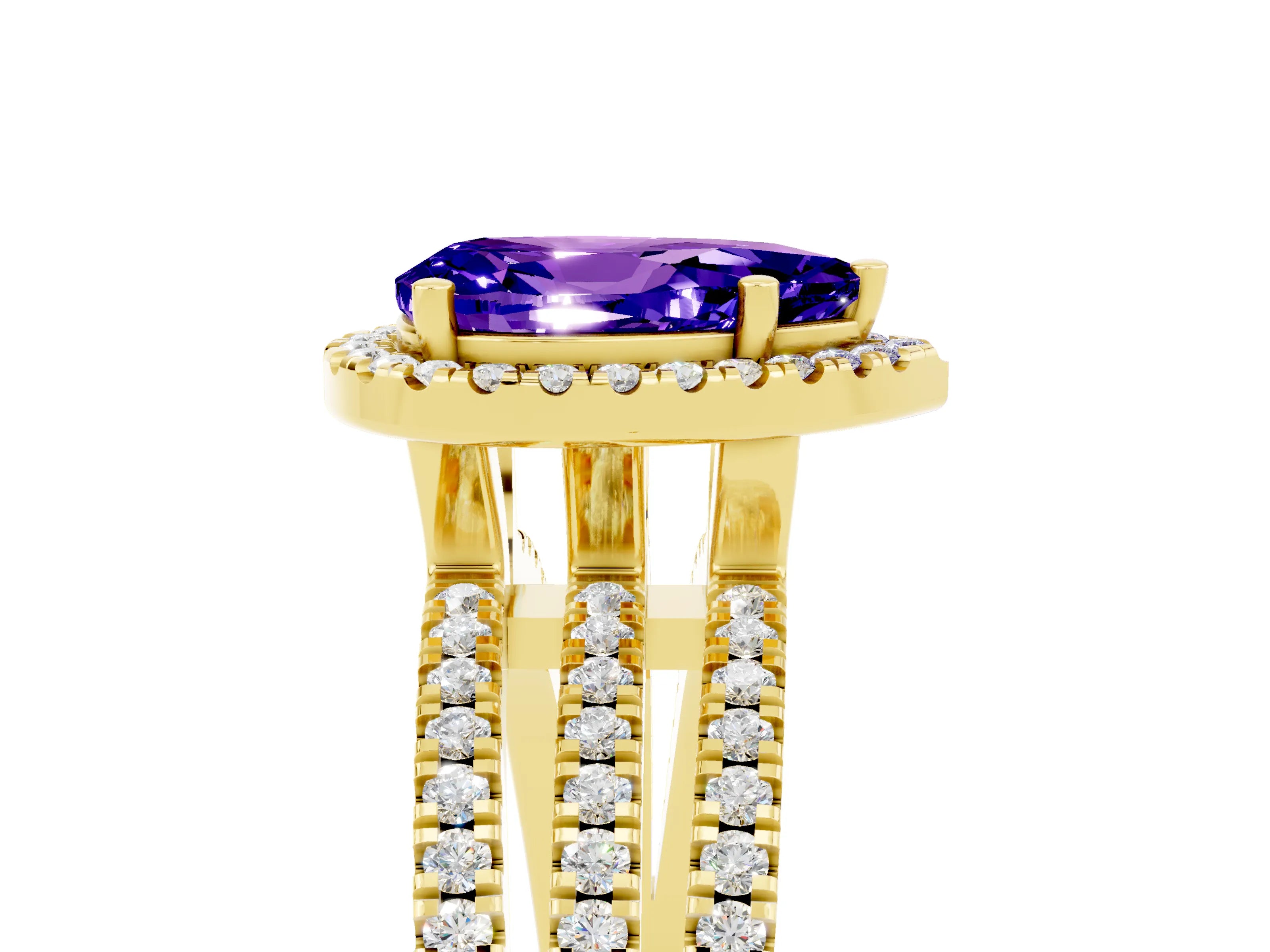 Yellow gold {shape_name} Tanzanite Halo Engagement Ring with Split Shank and Four-Prong Setting_5