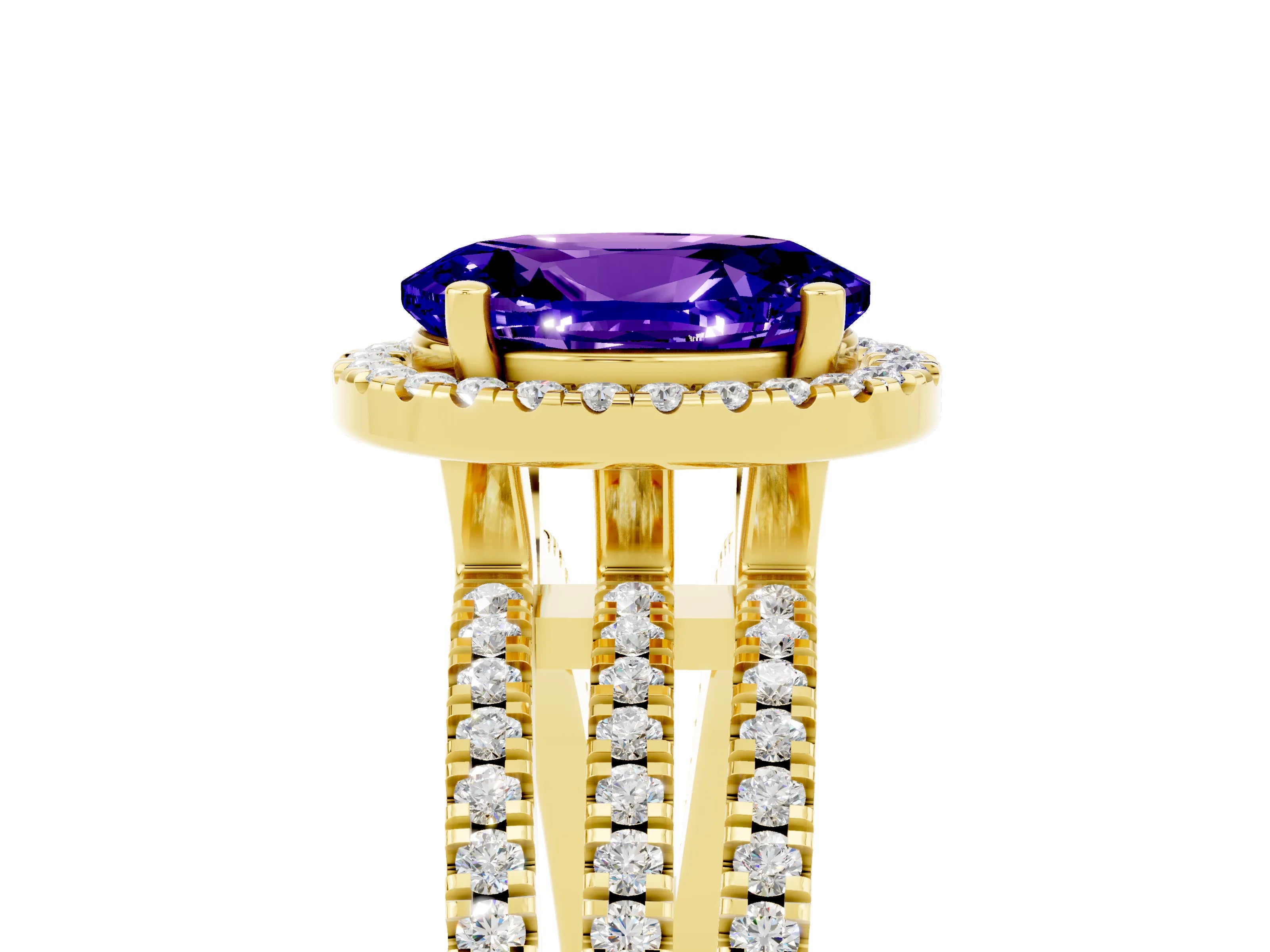 Yellow gold {shape_name} Tanzanite Halo Engagement Ring with Split Shank and Four-Prong Setting_5