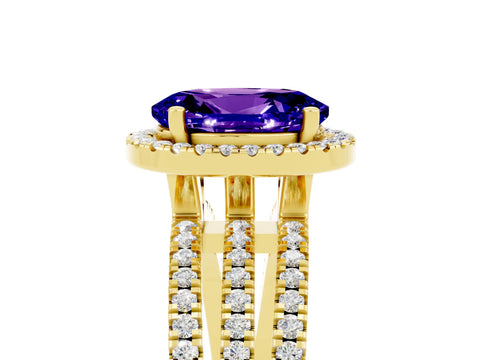 Yellow gold {shape_name} Tanzanite Halo Engagement Ring with Split Shank and Four-Prong Setting_5