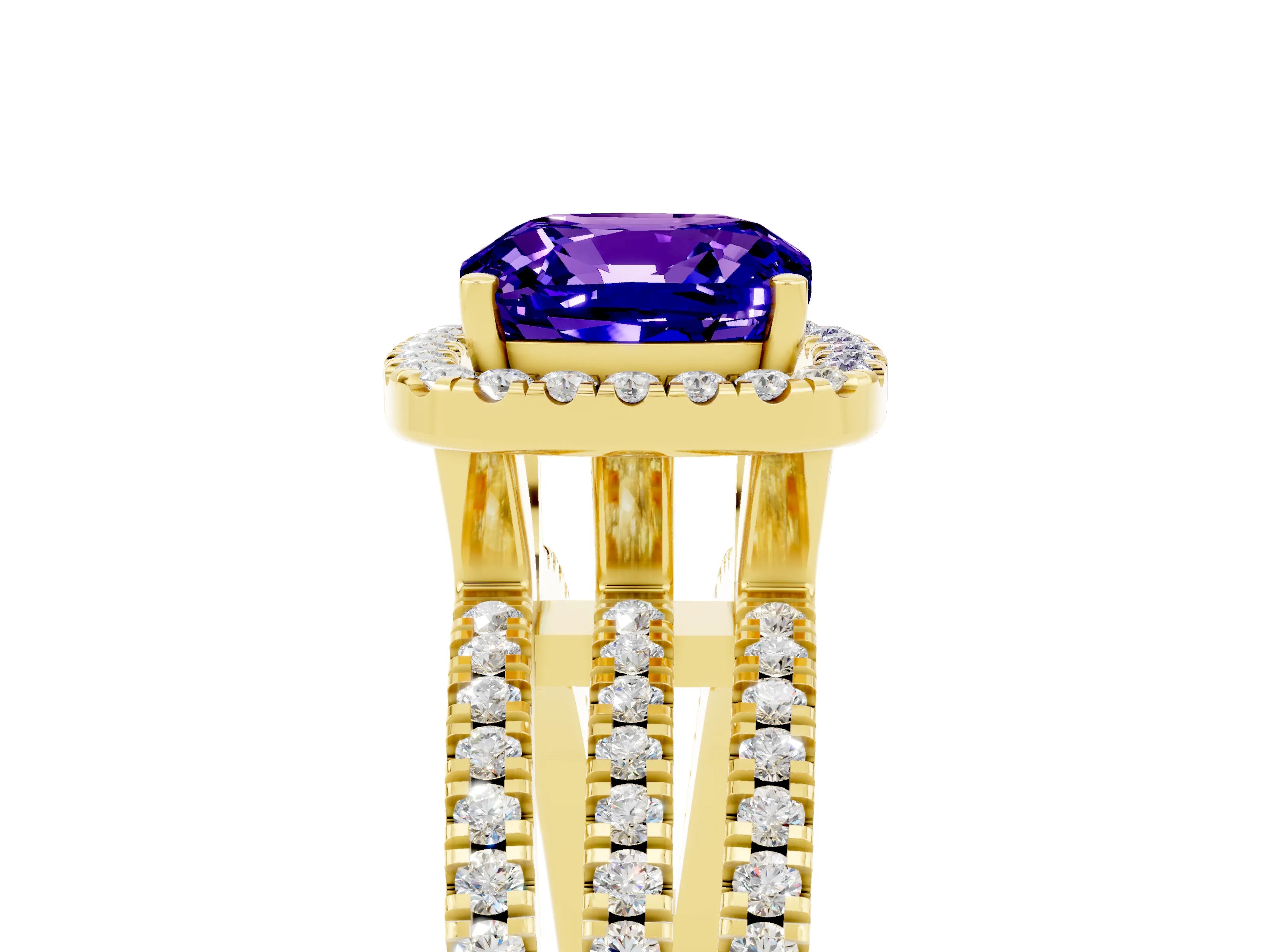 Yellow gold {shape_name} Tanzanite Halo Engagement Ring with Split Shank and Four-Prong Setting_5