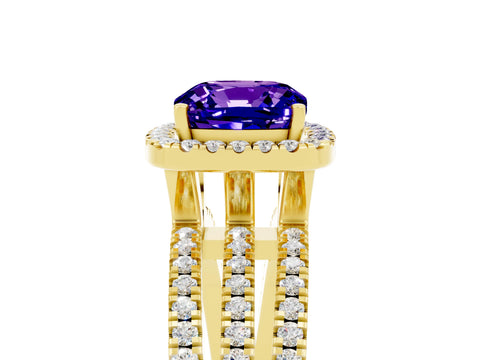 Yellow gold {shape_name} Tanzanite Halo Engagement Ring with Split Shank and Four-Prong Setting_5