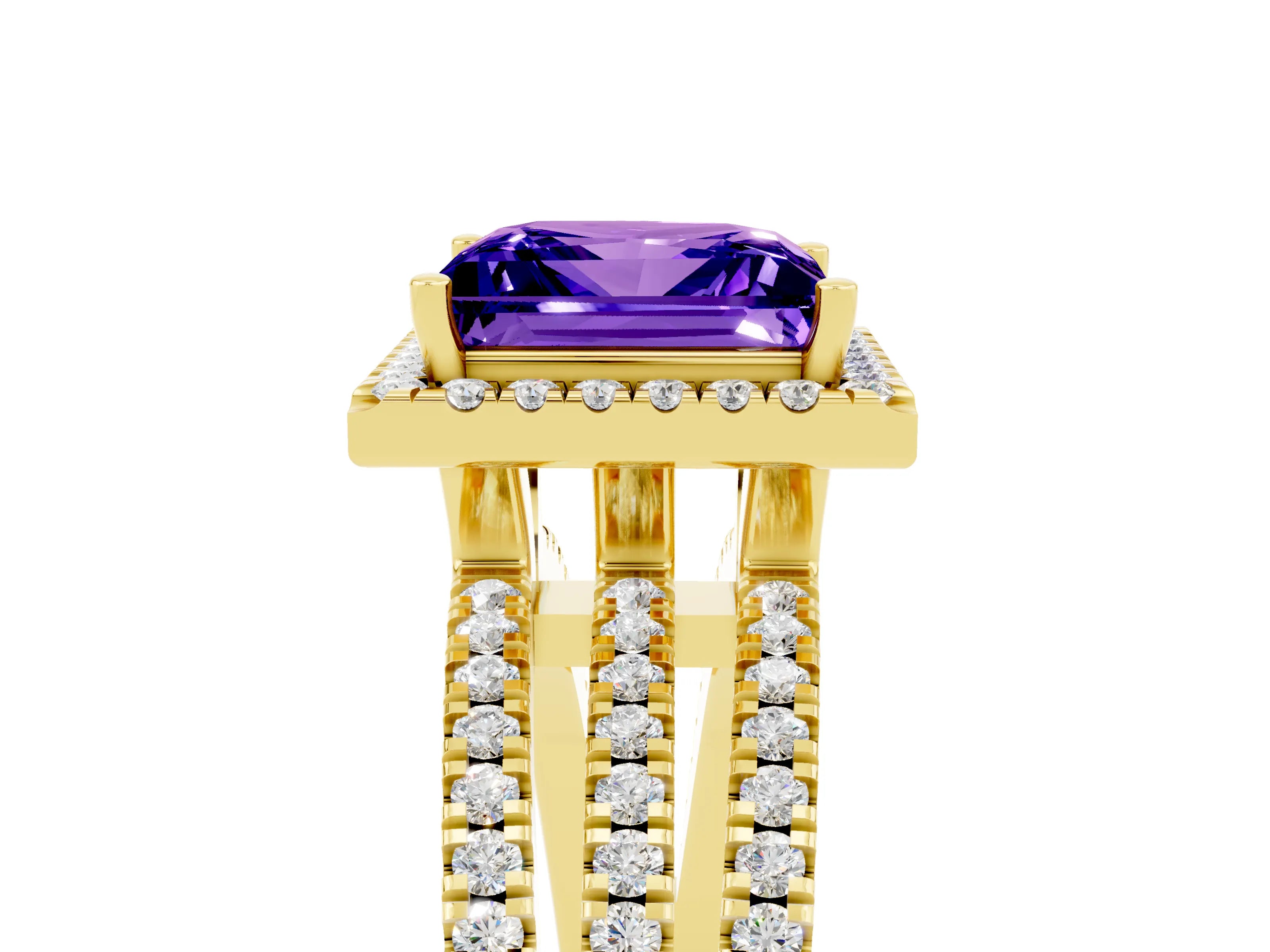 Yellow gold {shape_name} Tanzanite Halo Engagement Ring with Split Shank and Four-Prong Setting_5