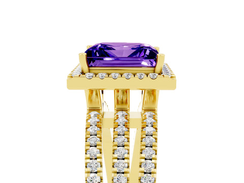 Yellow gold {shape_name} Tanzanite Halo Engagement Ring with Split Shank and Four-Prong Setting_5