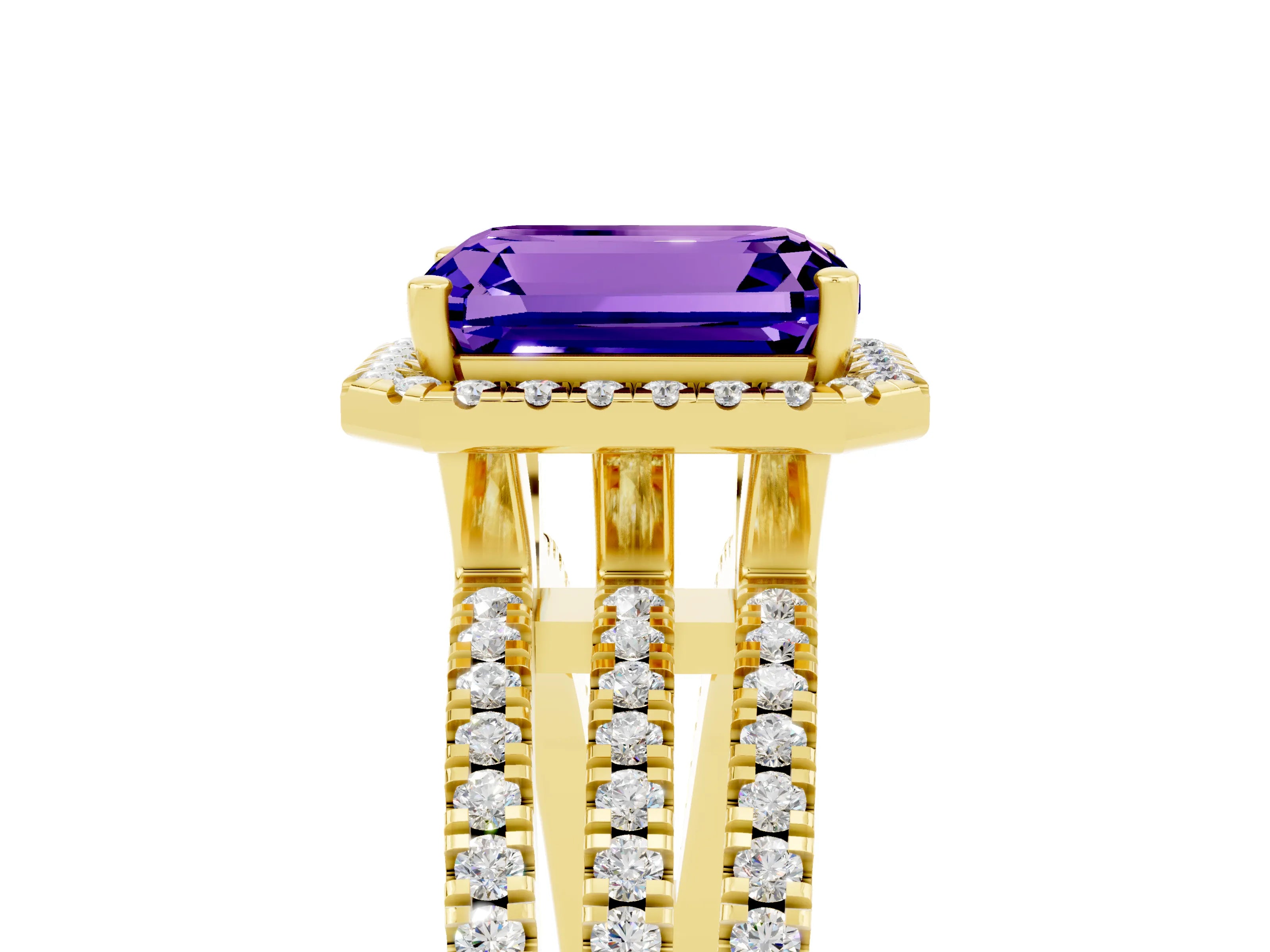 Yellow gold {shape_name} Tanzanite Halo Engagement Ring with Split Shank and Four-Prong Setting_5