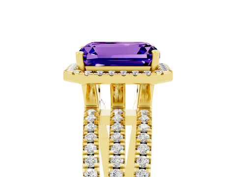 Yellow gold {shape_name} Tanzanite Halo Engagement Ring with Split Shank and Four-Prong Setting_5