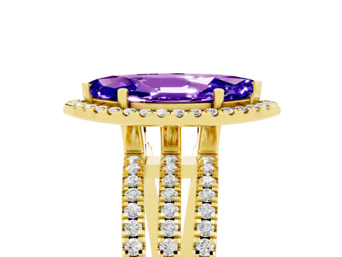 Yellow gold {shape_name} Tanzanite Halo Engagement Ring with Split Shank and Four-Prong Setting_5