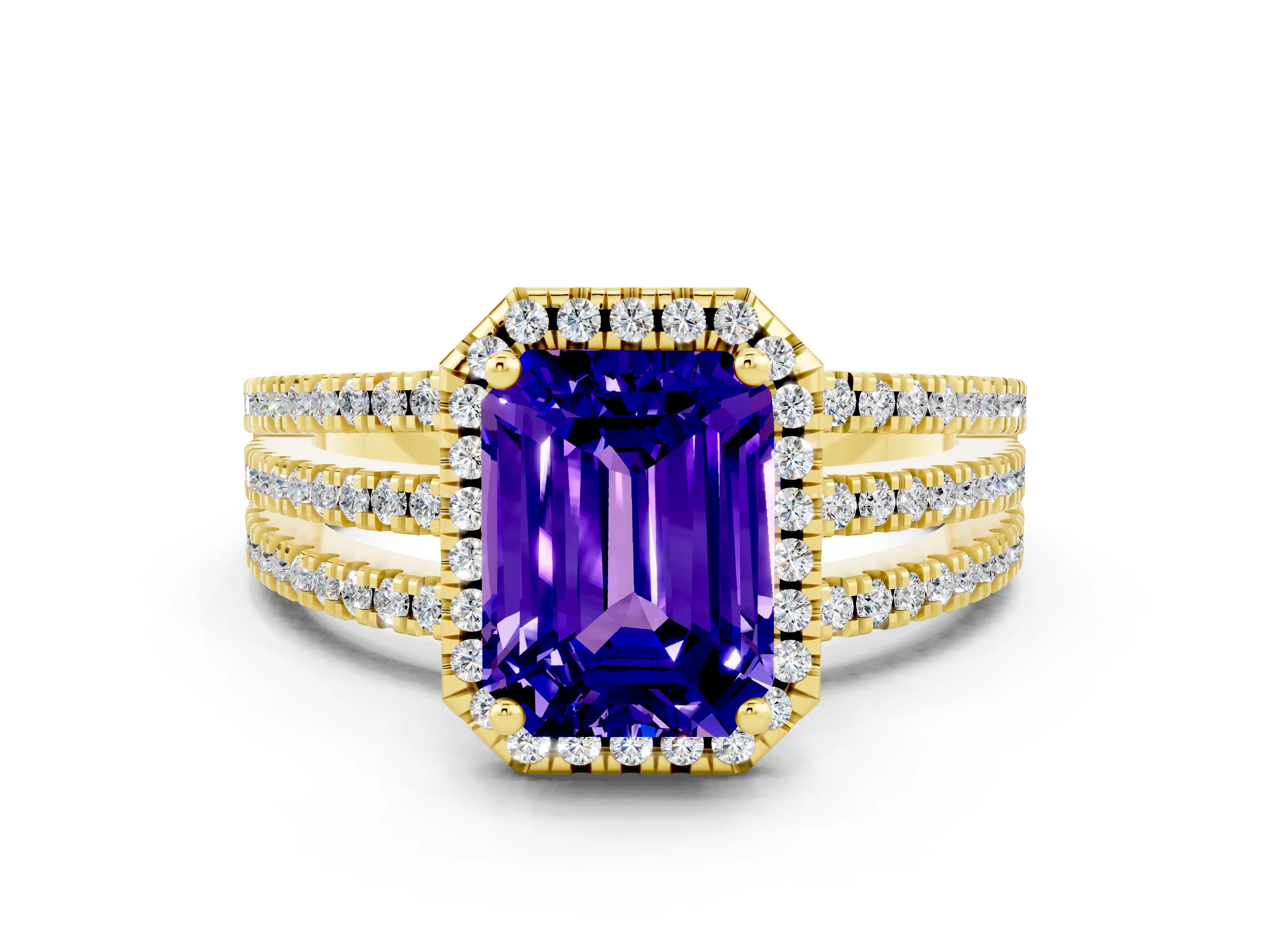 Yellow gold {shape_name} Tanzanite Halo Engagement Ring with Split Shank and Four-Prong Setting
