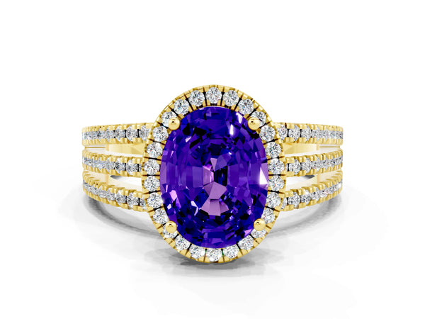 Yellow gold Oval Cut Tanzanite Halo Engagement Ring with Split Shank and Four-Prong Setting
