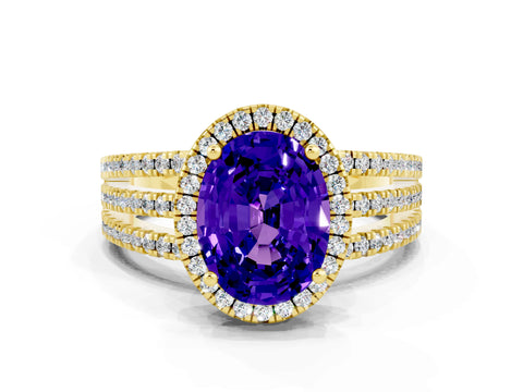 Yellow gold {shape_name} Tanzanite Halo Engagement Ring with Split Shank and Four-Prong Setting