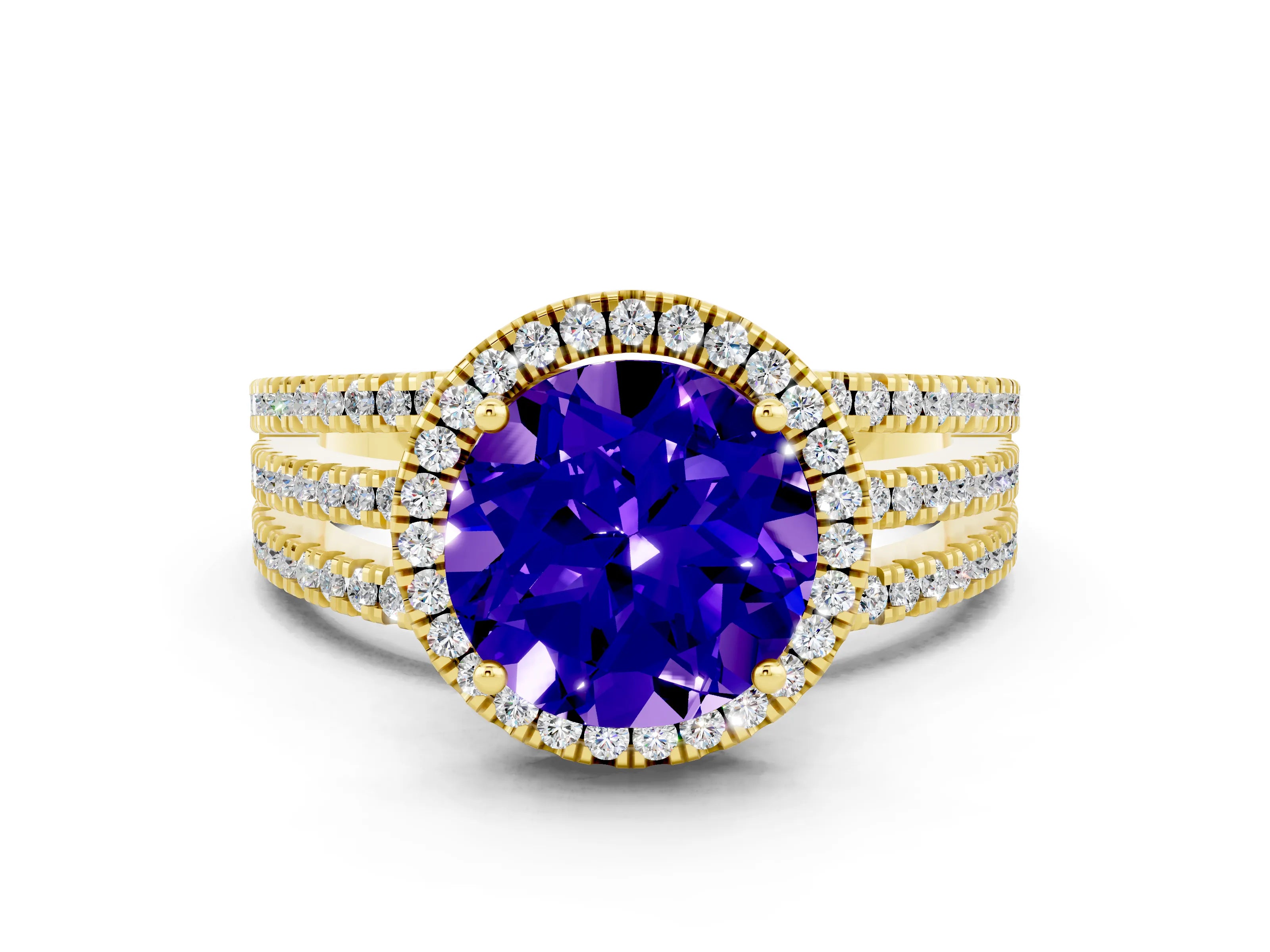 Yellow gold {shape_name} Tanzanite Halo Engagement Ring with Split Shank and Four-Prong Setting