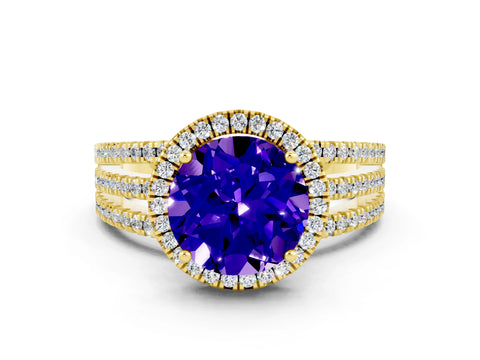 Yellow gold {shape_name} Tanzanite Halo Engagement Ring with Split Shank and Four-Prong Setting