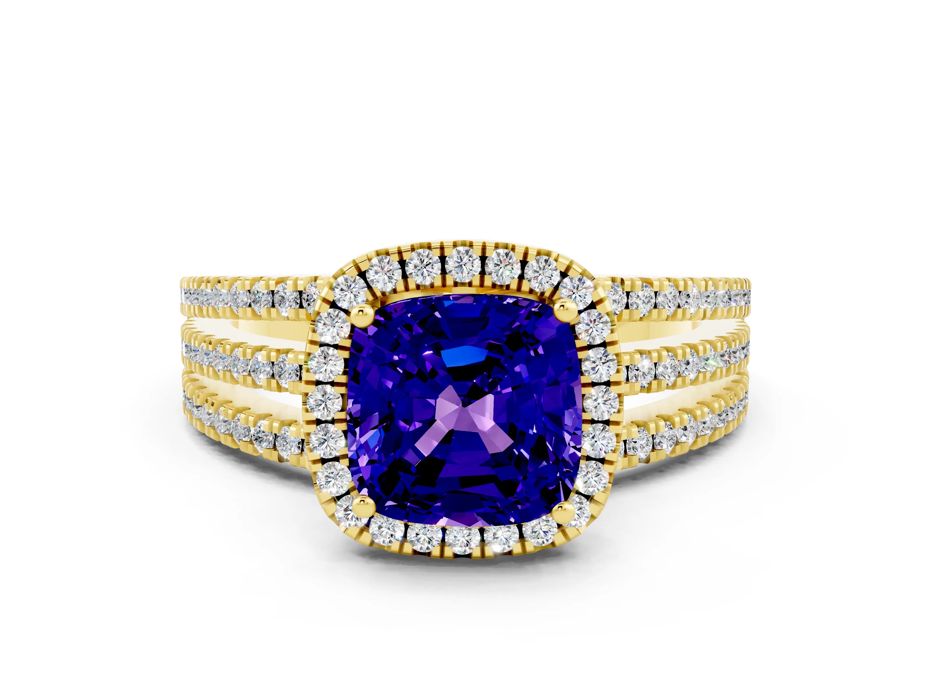 Yellow gold {shape_name} Tanzanite Halo Engagement Ring with Split Shank and Four-Prong Setting