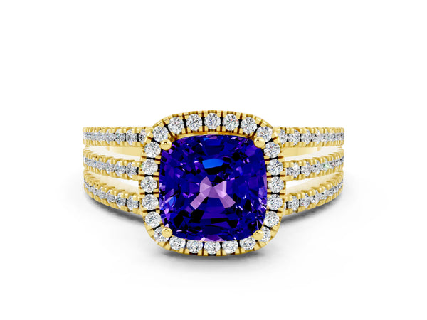 Yellow gold Cushion Cut Tanzanite Halo Engagement Ring with Split Shank and Four-Prong Setting
