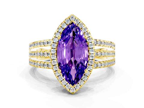 Yellow gold {shape_name} Tanzanite Halo Engagement Ring with Split Shank and Four-Prong Setting