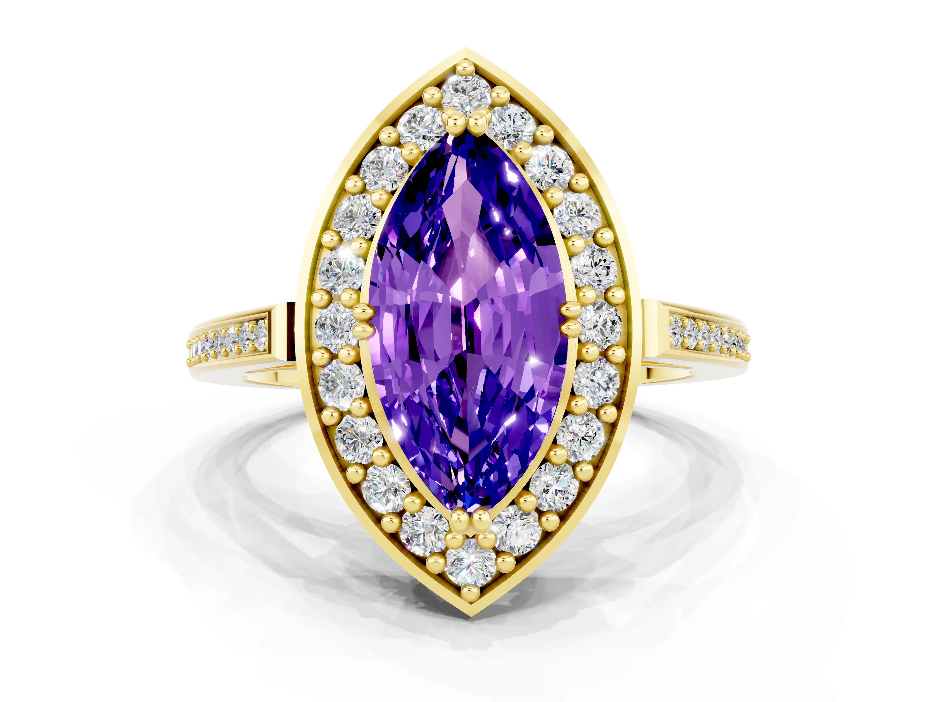 Yellow gold {shape_name} Tanzanite Halo Ring with Split Shank and Four-Prong Setting