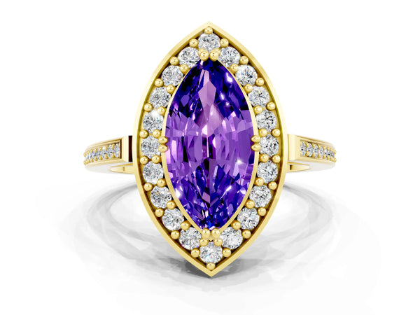 Yellow gold Marquise Cut Tanzanite Halo Ring with Split Shank and Four-Prong Setting