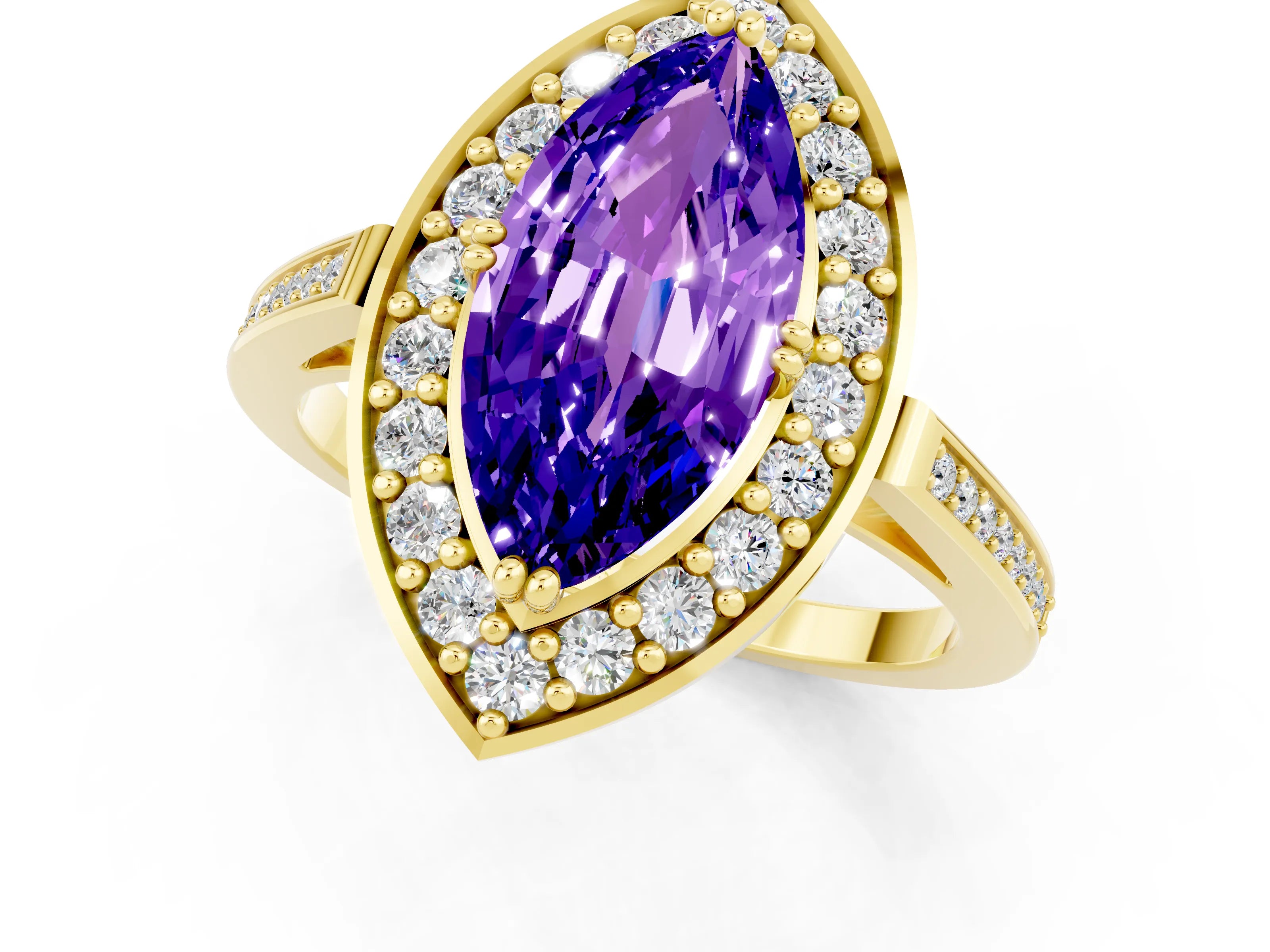 Yellow gold {shape_name} Tanzanite Halo Ring with Split Shank and Four-Prong Setting_1