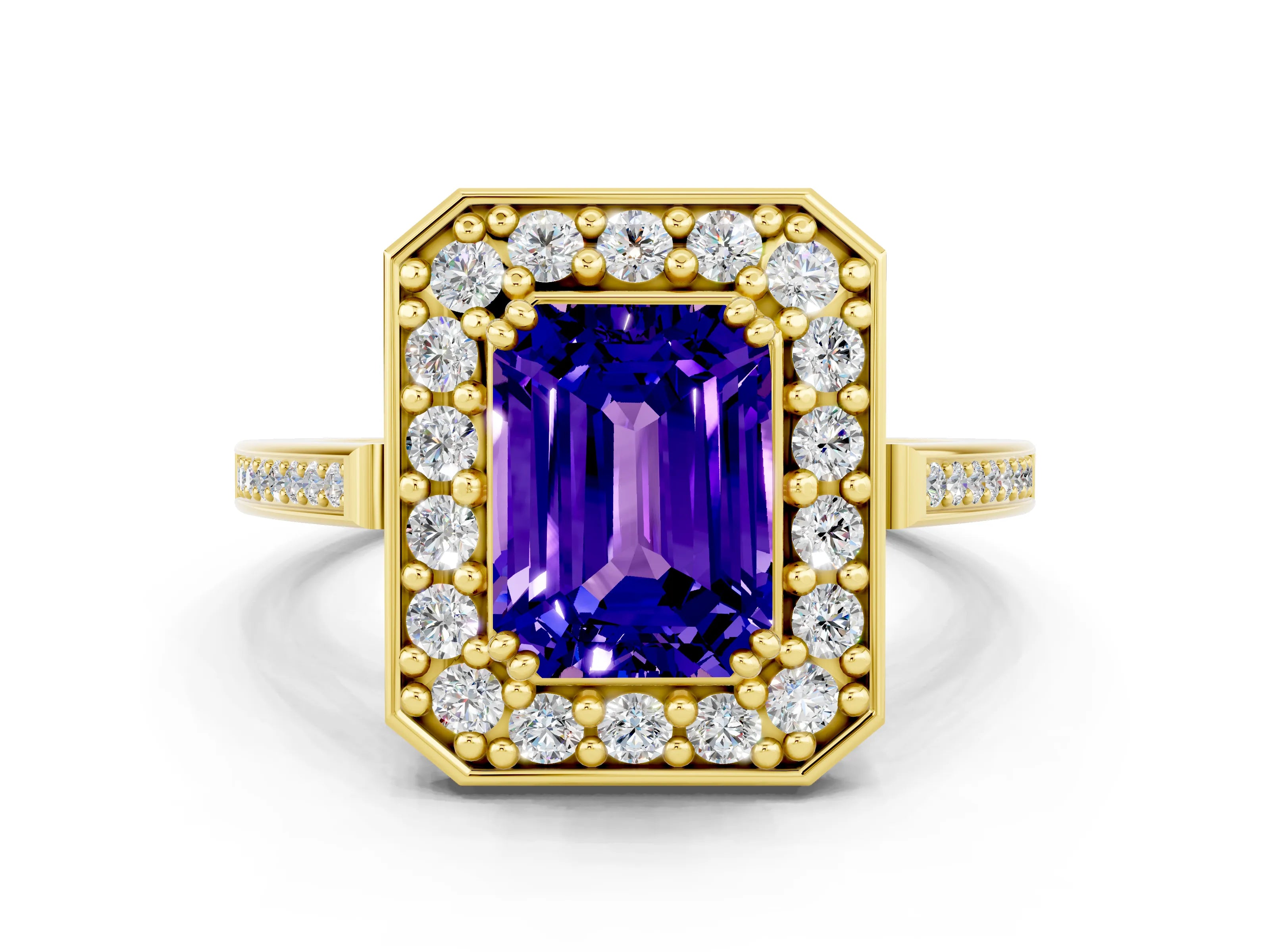 Yellow gold {shape_name} Tanzanite Halo Ring with Split Shank and Four-Prong Setting_12