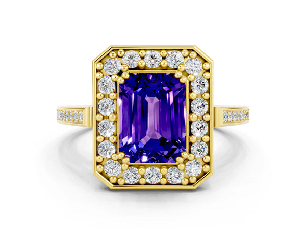 Yellow gold Emerald Cut Tanzanite Halo Ring with Split Shank and Four-Prong Setting