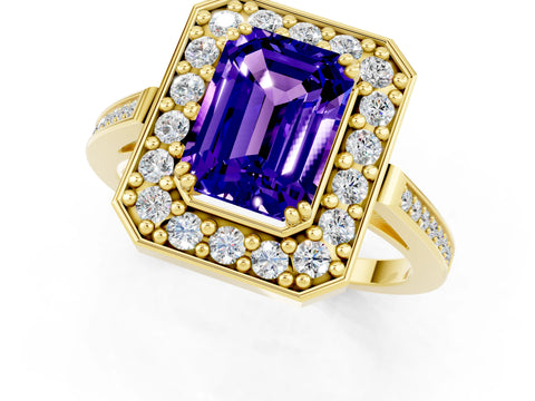 Yellow gold {shape_name} Tanzanite Halo Ring with Split Shank and Four-Prong Setting_13